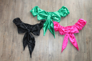 Black, Green, and Pink silky satin crop top with adjustable tie detail.