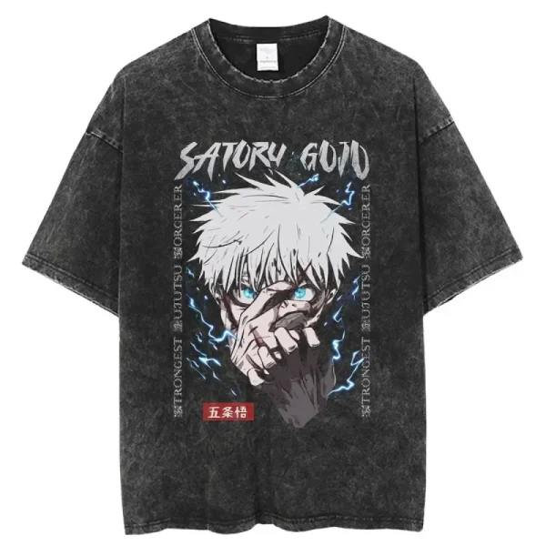 Vintage Anime Printed Washed T-Shirt for Men 1