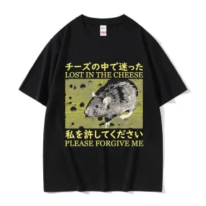 Lost in The Cheese Rat Print Meme T-shirt 1